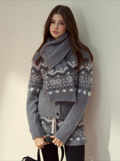 Fair Isle Knit Sweatshirt &amp; Shorts &amp; Scarf Set