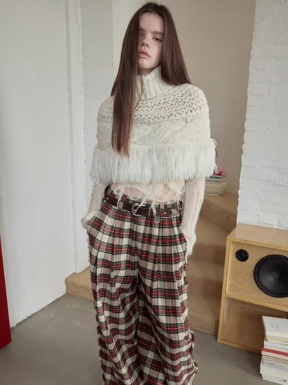 Cable Knit Fringed High-Neck Wool Blend Poncho