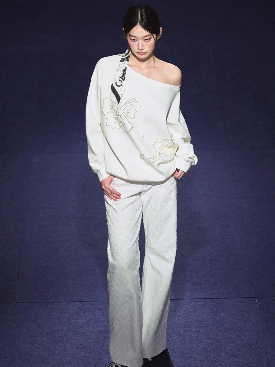 Beaded Off-shoulder Silhouette Sweatshirt