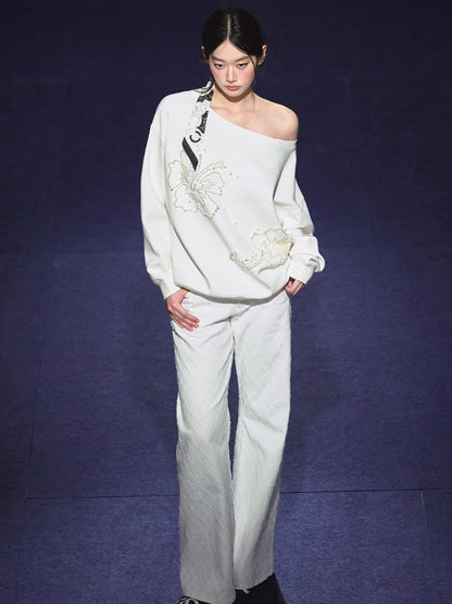 Beaded Off-shoulder Silhouette Sweatshirt