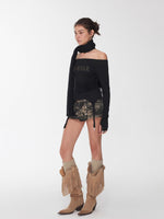 Garter Rhinestone Ruched Knit Top