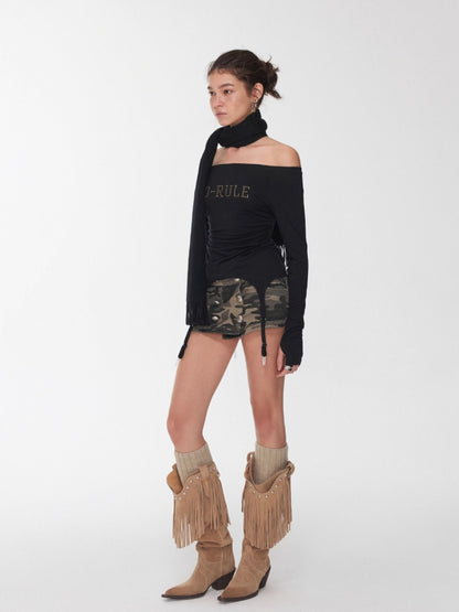 Garter Rhinestone Ruched Knit Top