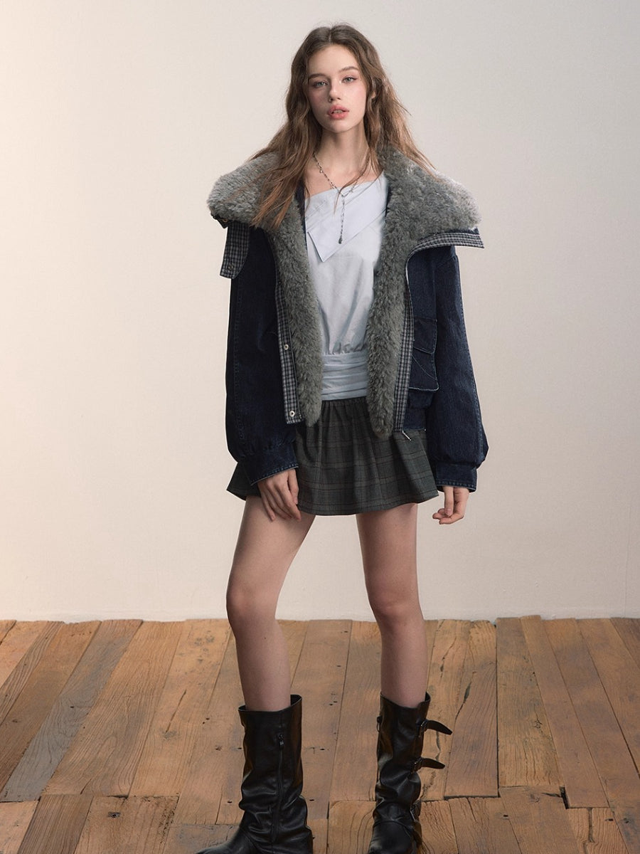 Velvet Denim Oversized Fur Collar Down Jacket