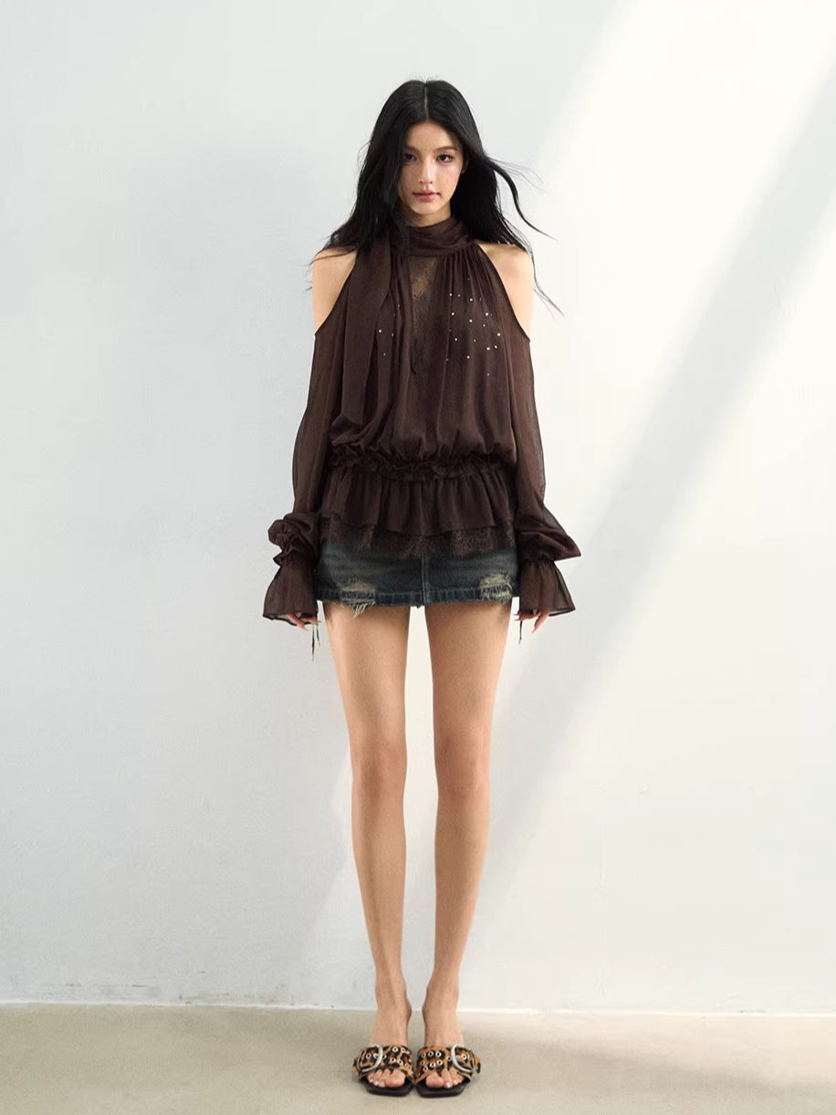 Rhinestone Sheer Chiffon Blouse