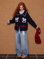 Contrast-Trim Horse Jacquard Knit Zip Cardigan