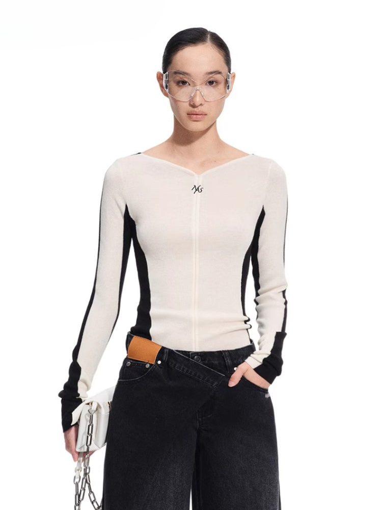 Contrast-Trim Fitted Knit V-neck