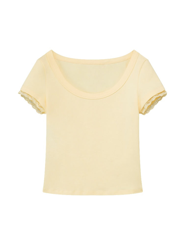 Lace Trim U-neck Tee
