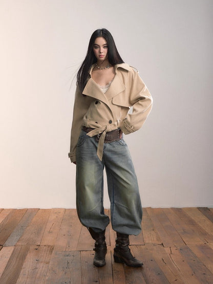 Short Double-Breasted Belted Trench Jacket