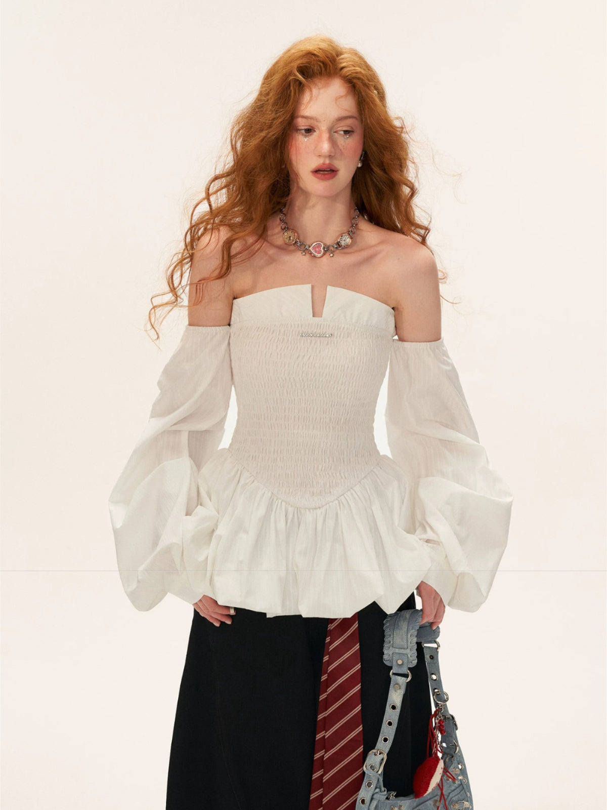 Striped Shirred Bustier Puff Sleeve Dress