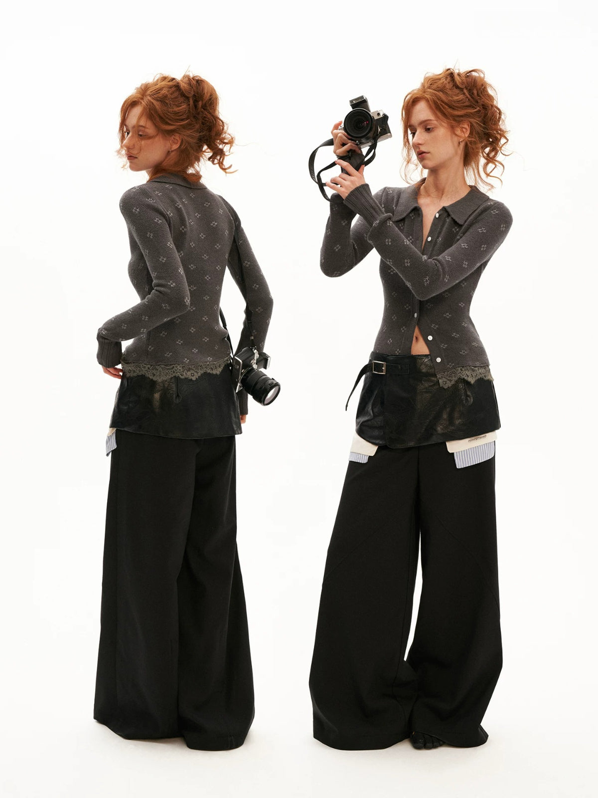Structured Leather Waist Wide Leg Trousers