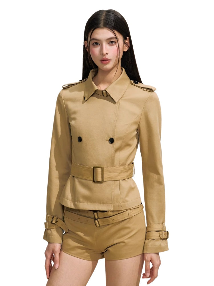 Slim-Fit Double-Breasted Trench Blazer & Low-Waist Shorts Set