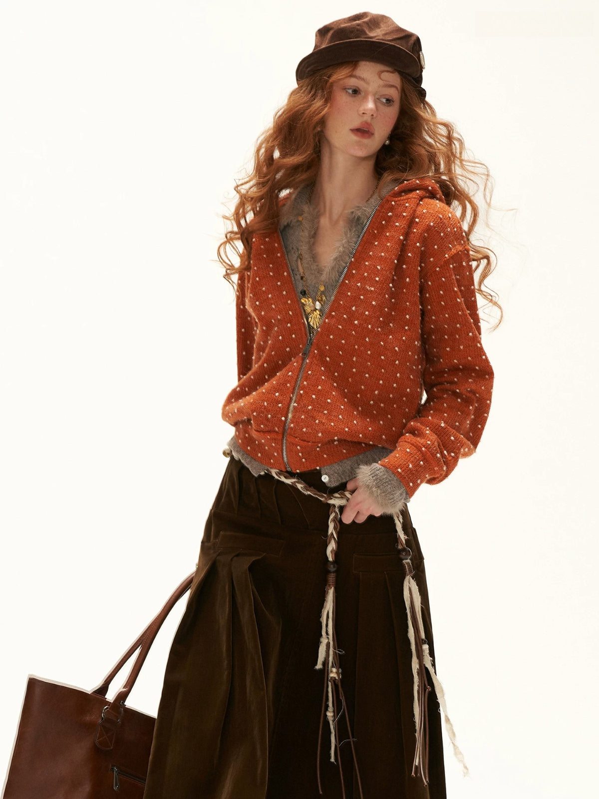 Snow Dot Zip Hooded Cardigan