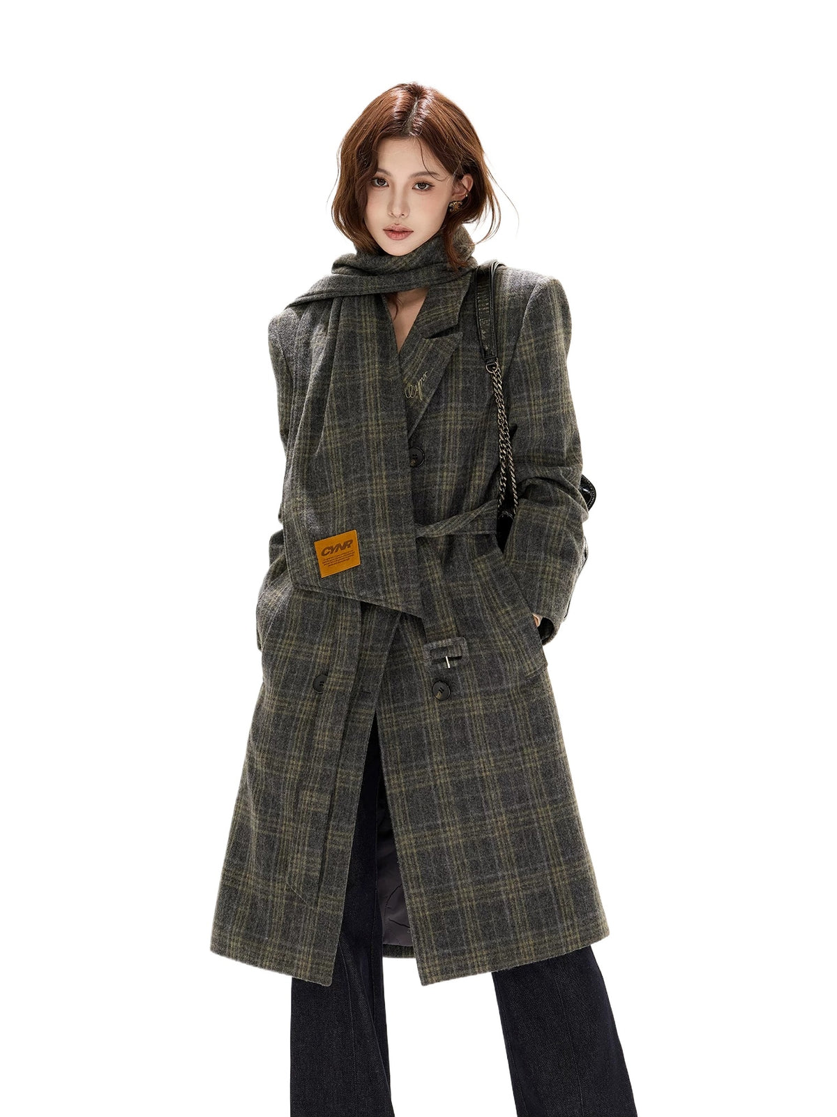 Gray Plaid Detachable Scarf Wool Coat