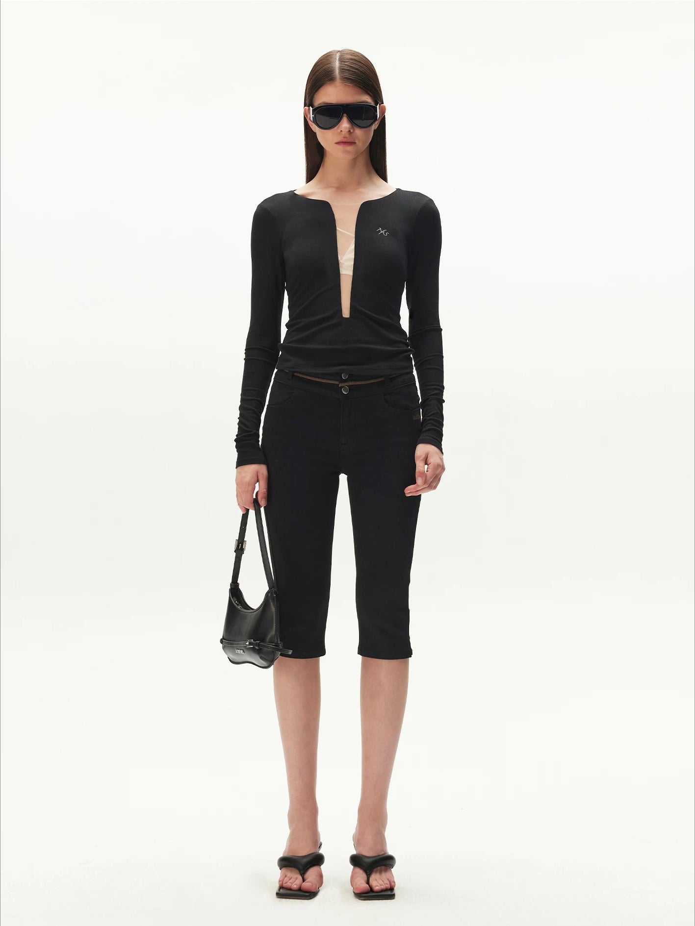 Black V-Neck Mesh Tee