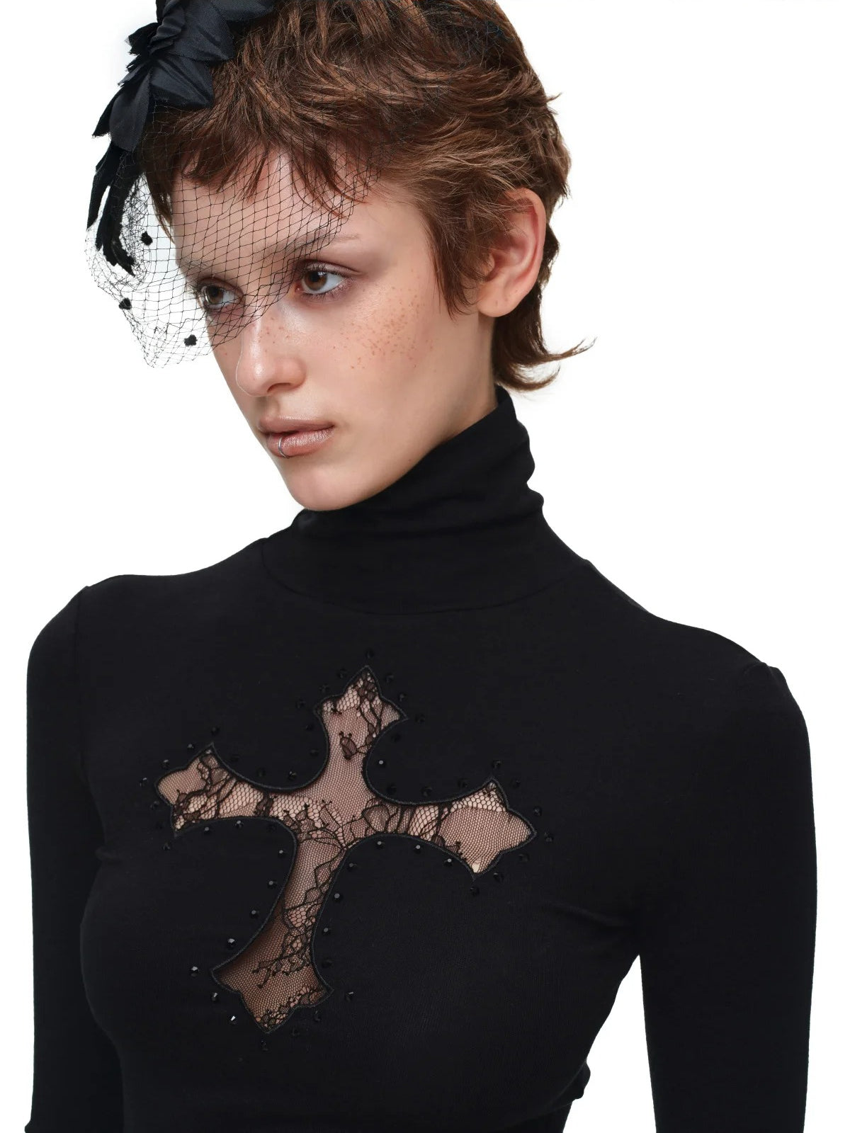 Cross Lace Rhinestone Turtleneck Top