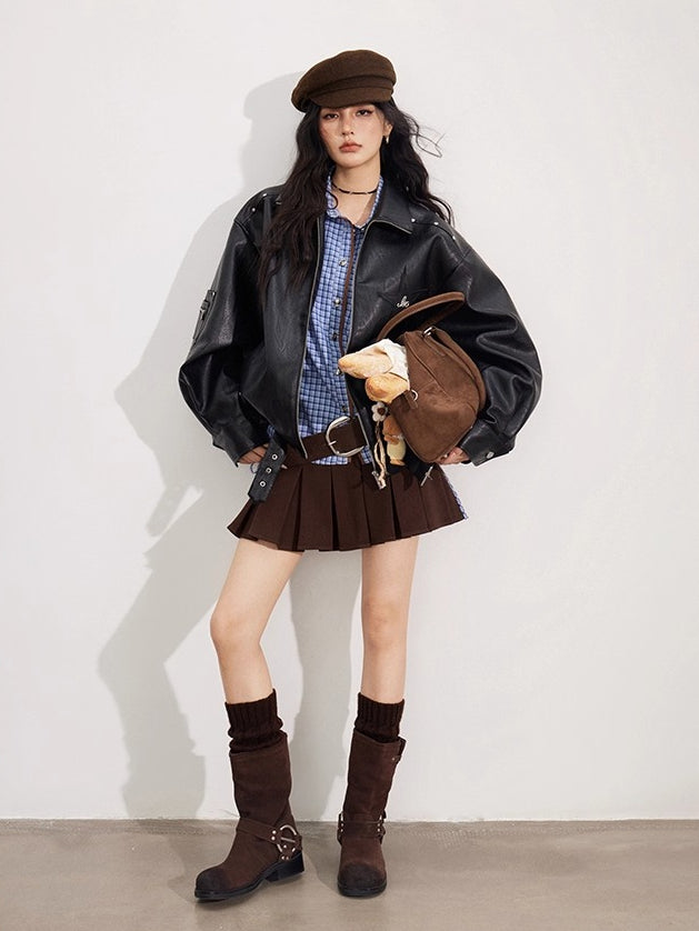 Plaid &amp; Brown Wool Pleated Mini Skirt