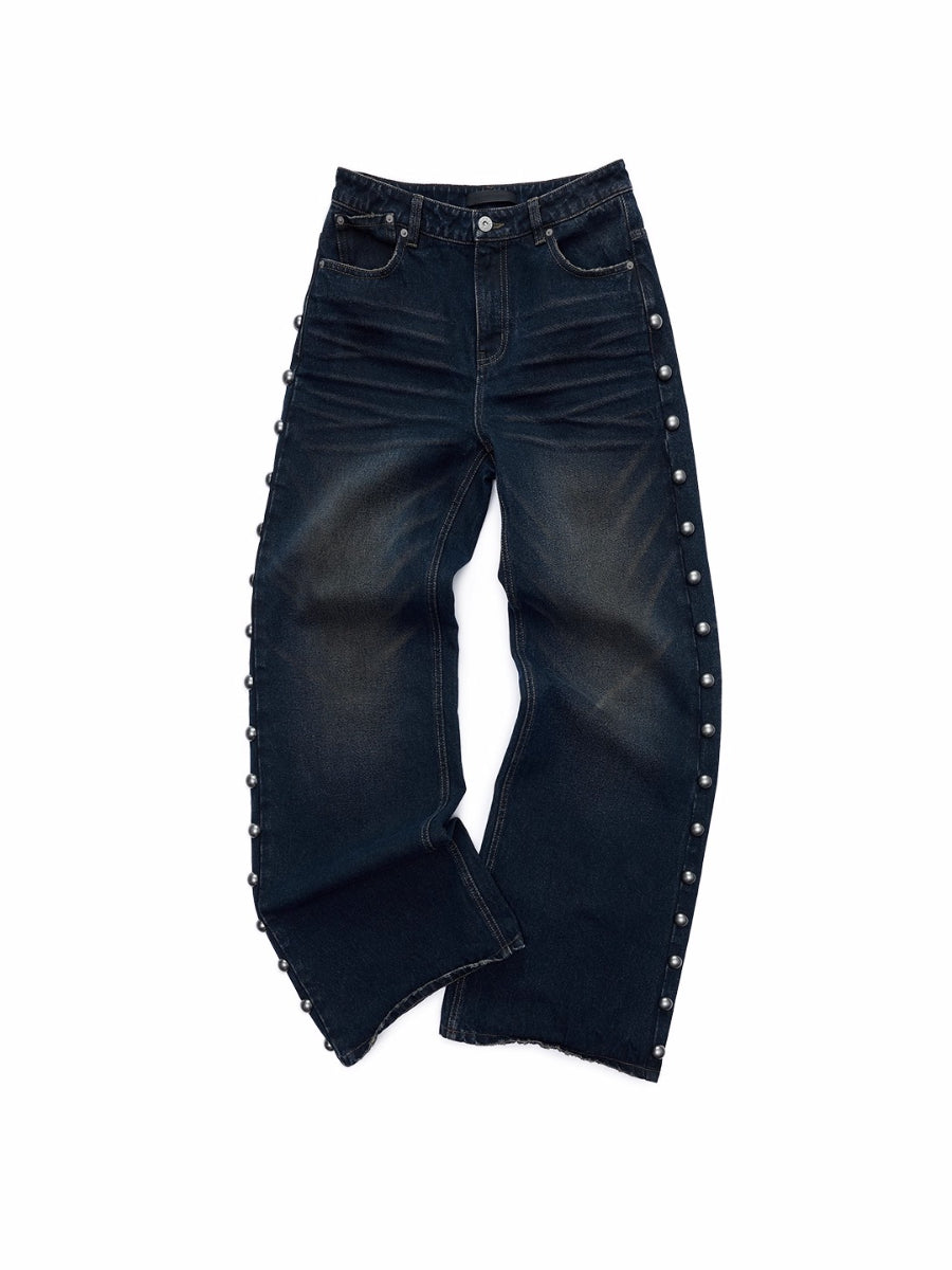Mud-Dyed Washed Studded Straight-Leg Jeans