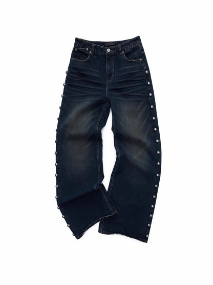 Mud-Dyed Washed Studded Straight-Leg Jeans