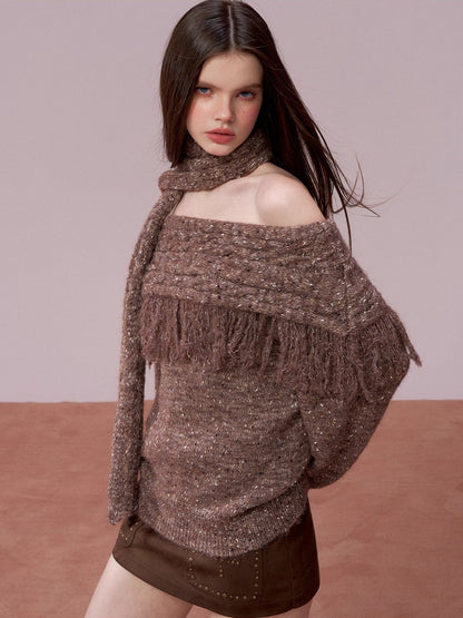 Fringed Off-shoulder Wool Sweater &amp; Scarf Set
