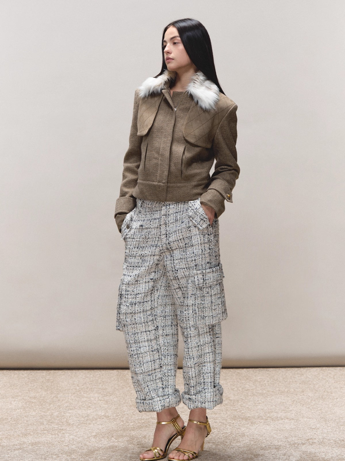 Contrast Quilted Fur-Collar Jacket