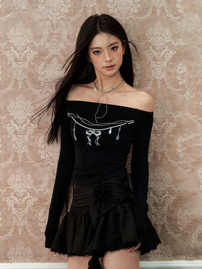 Black &amp; Cream One-shoulder Pearl Chain Printed Blouse