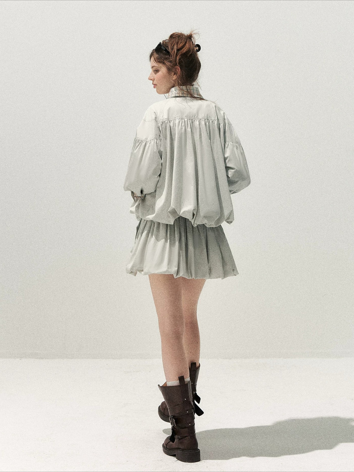 Blue Gray Plaid Trench Coat Set