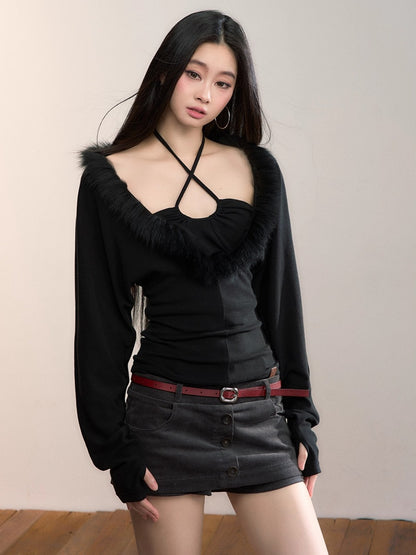 Fox-Trim Halter Knit Top