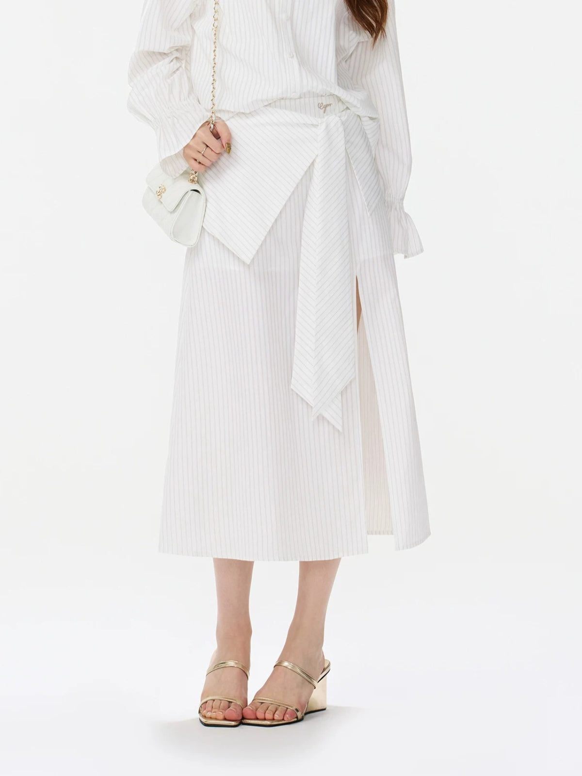 Striped Bow Shirt &amp; Slit Skirt Set