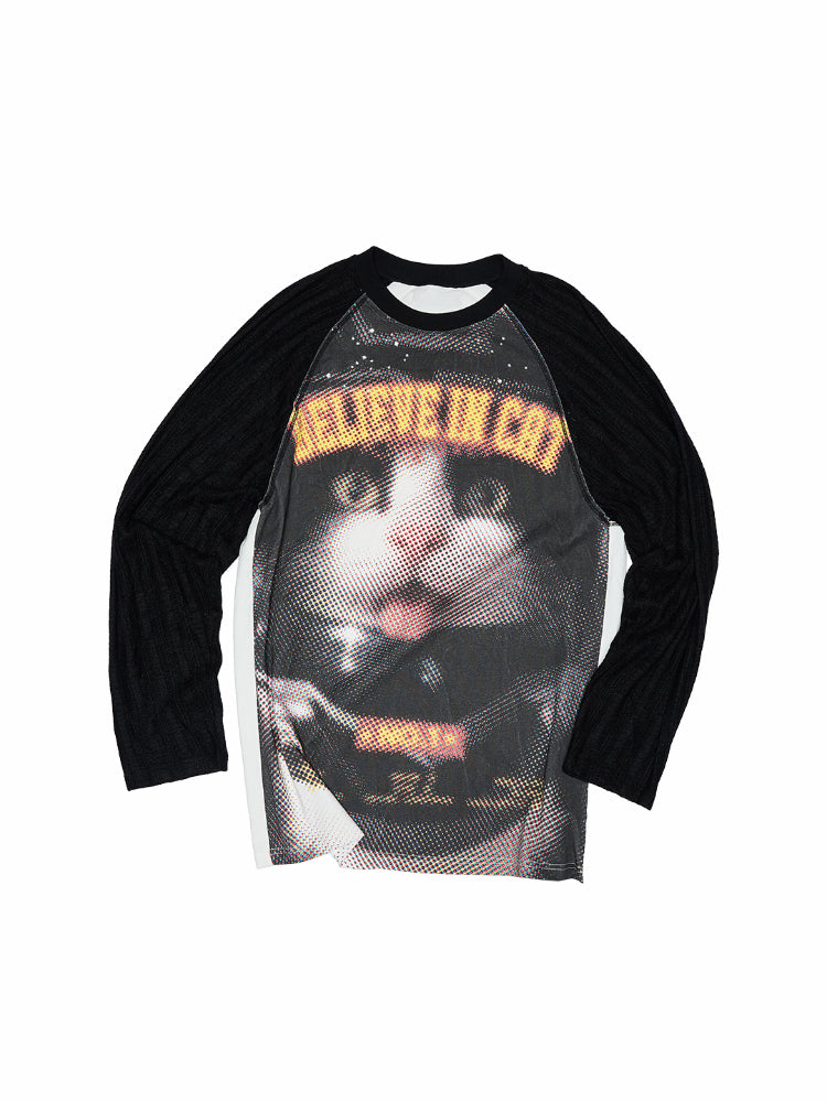 Printed Knitted Raglan-Sleeve T-Shirt