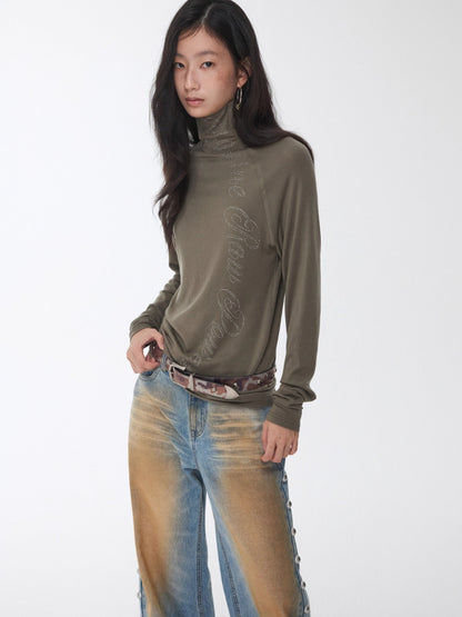 Rhinestone High Neck Raglan Knit Top