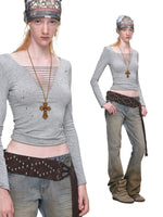 Rhinestone Cutout V-Neck Long Sleeve Top