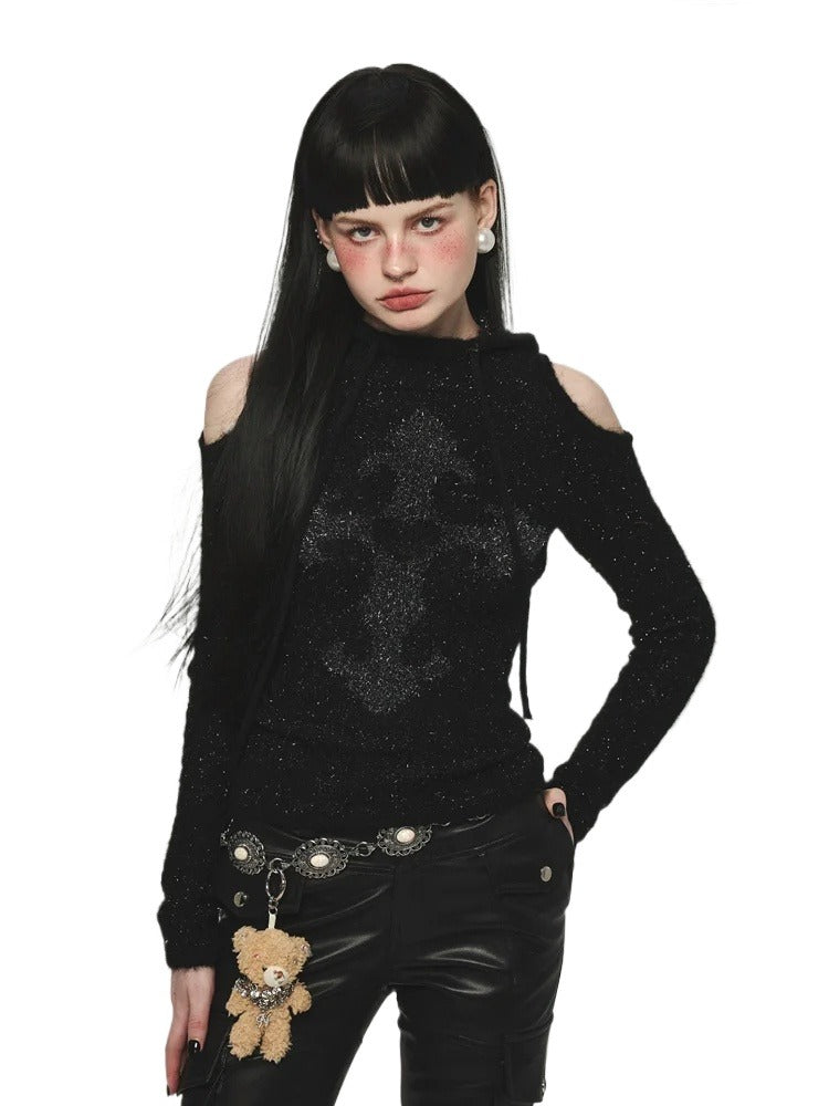 Mohair Off-Shoulder Knit Hoodie