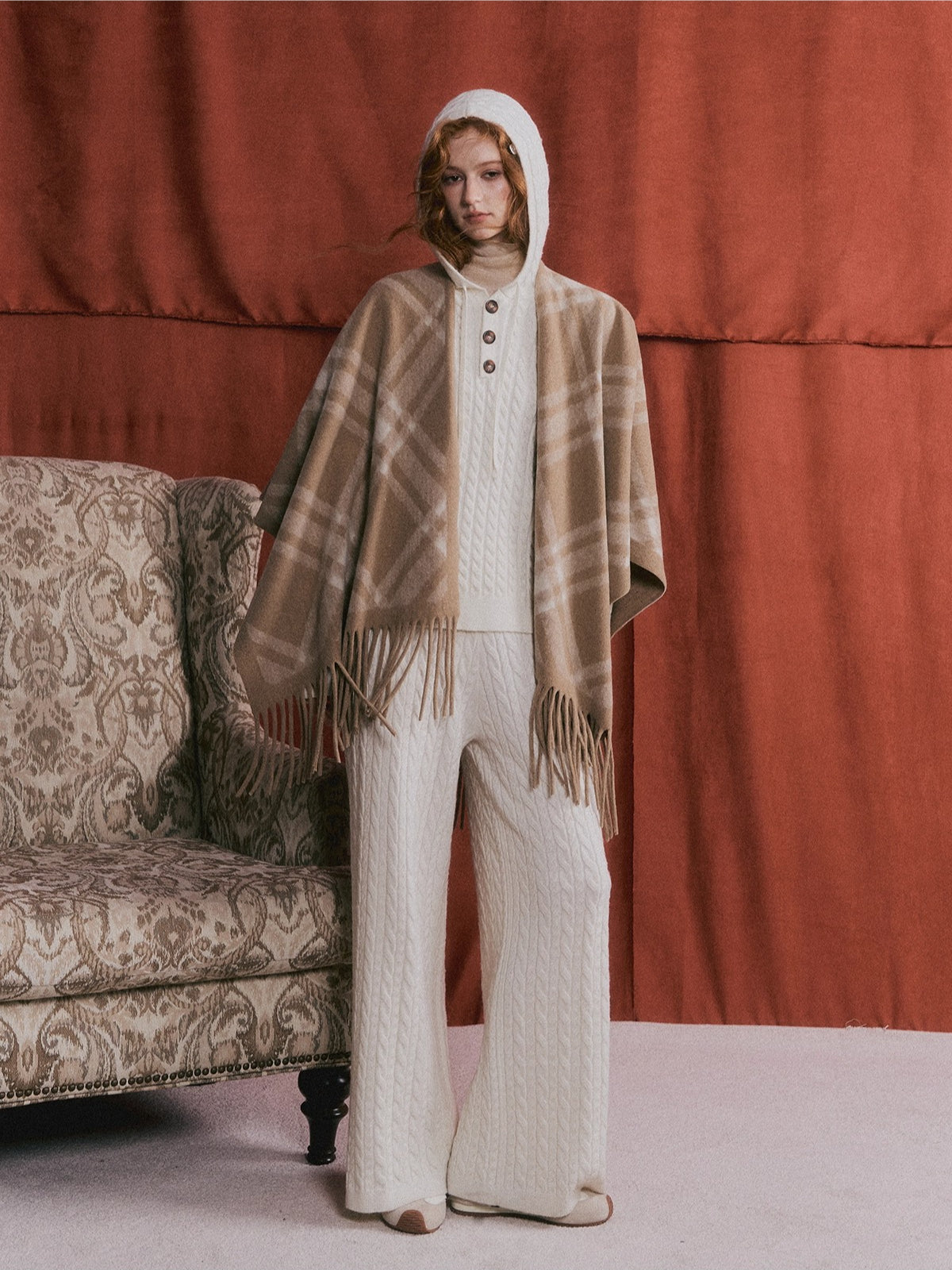 Retro Check Tassel Cape Scarf