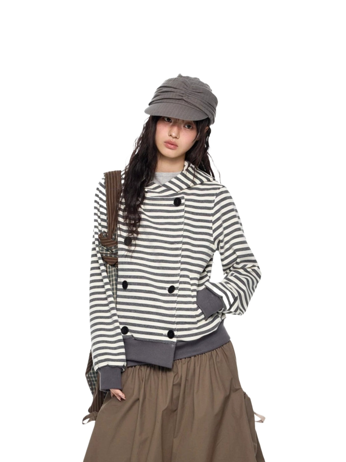 Double-Breasted Striped Hooded Cardigan