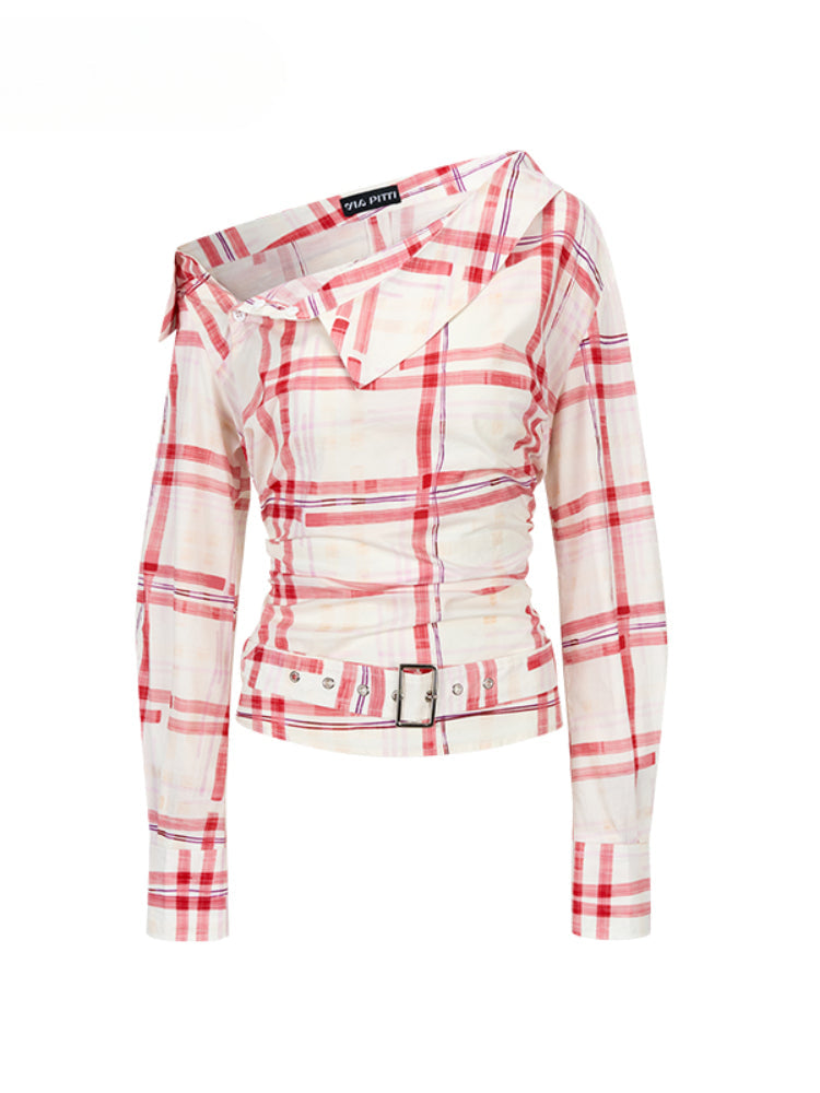 Off-Shoulder Pleated Waist Belt Short Shirt