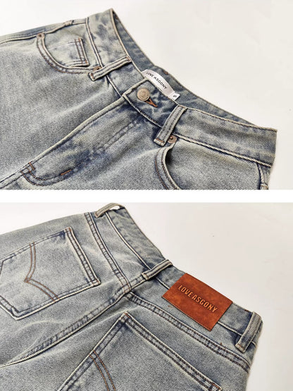 Light Blue Washed Distressed Straight-Leg Jeans