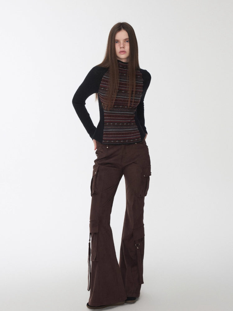 Suede Studded Cargo Flare Pants