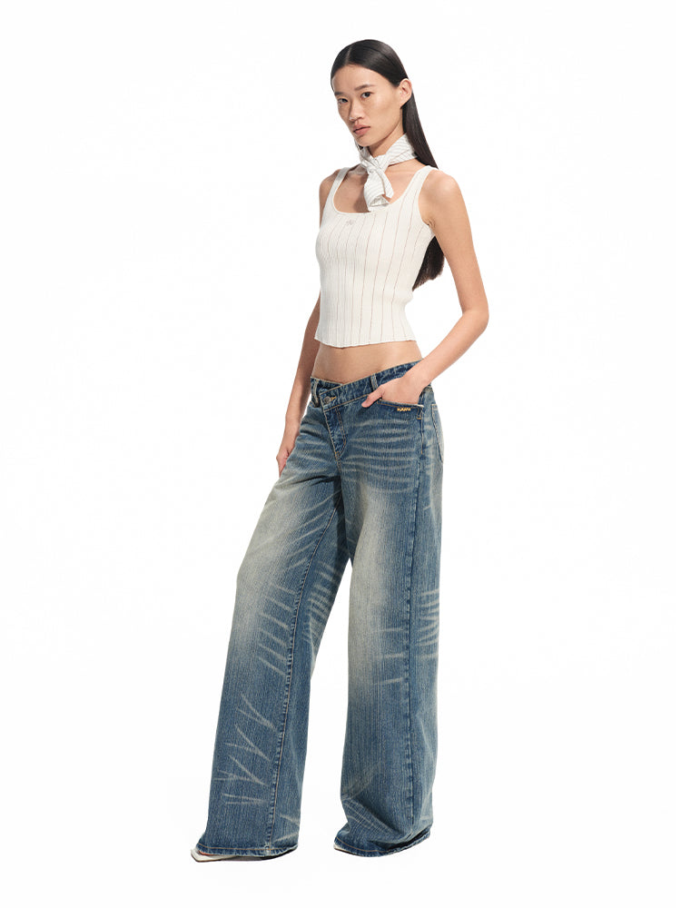 Washed Denim Low-waist Wide-leg Pants