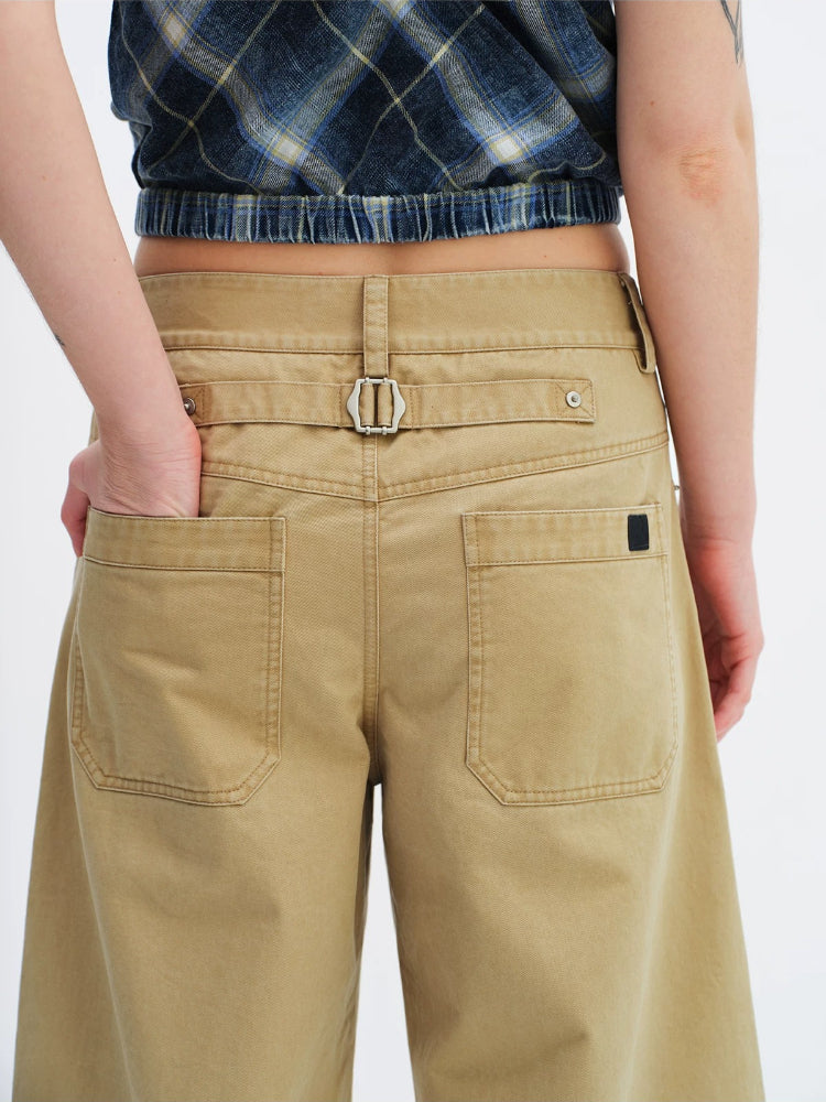Khaki Low-Waist Curved-Leg Pants