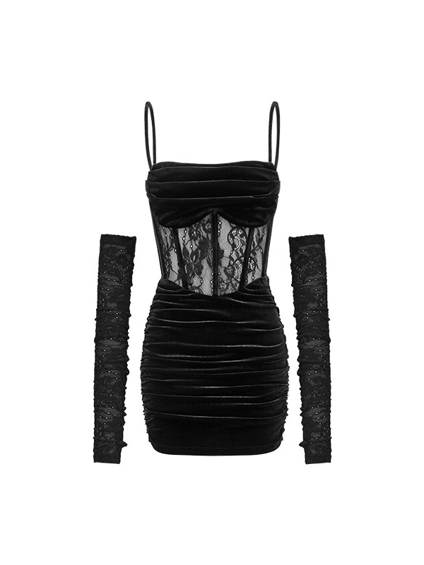 Fishbone Strap Long Velvet Bodycon Dress