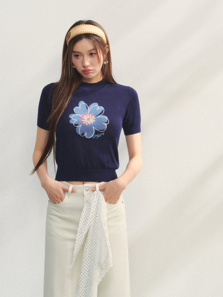 Floral Embroidered Crew Neck Short-Sleeve Knit Top