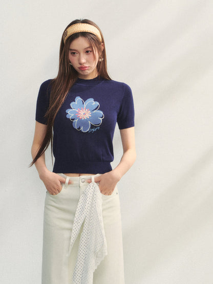 Floral Embroidered Crew Neck Short-Sleeve Knit Top