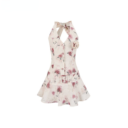 Apricot &amp; Light Green Printed Halter Dress