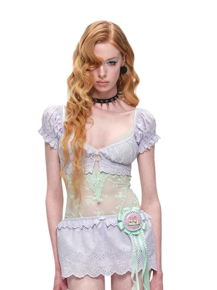 Jacquard Puff Sleeve Crop Top