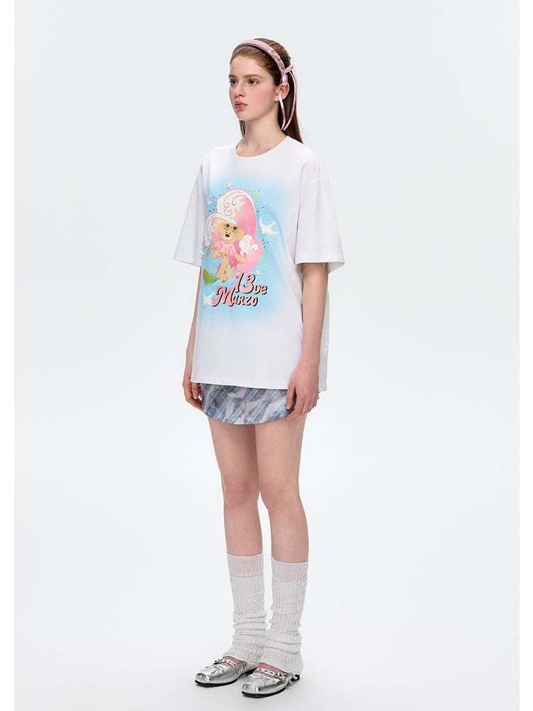 Island-style Bear Surfing Illustration Cotton T-shirt