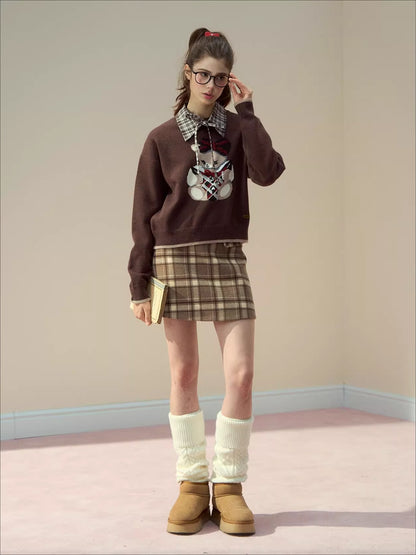 Pink &amp; Brown Plaid A-line Wool Skirt