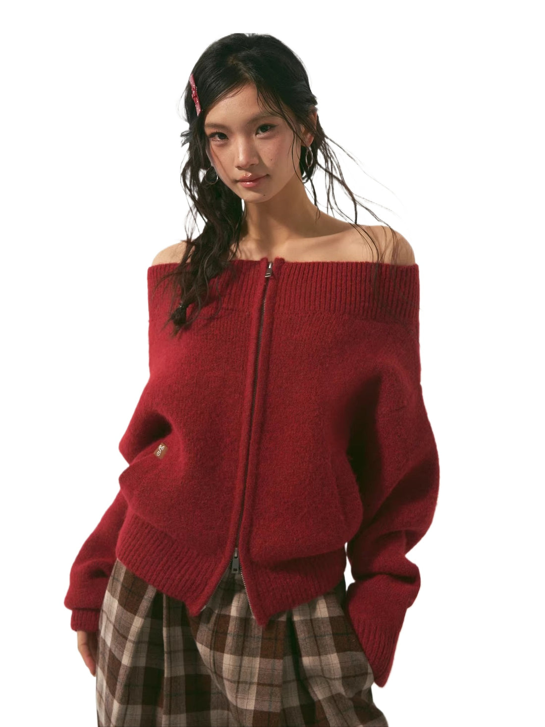Red Off Shoulder Zip Cardigan