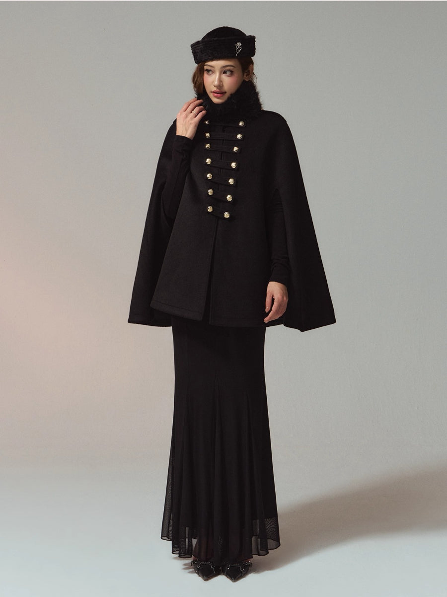 Layered Stand-Collar Double-Breasted Long Cape Coat