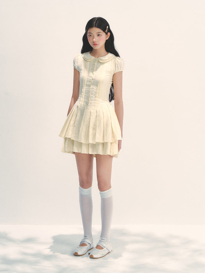 Doll Collar Waist-Cinched Pleated Shirt Dress