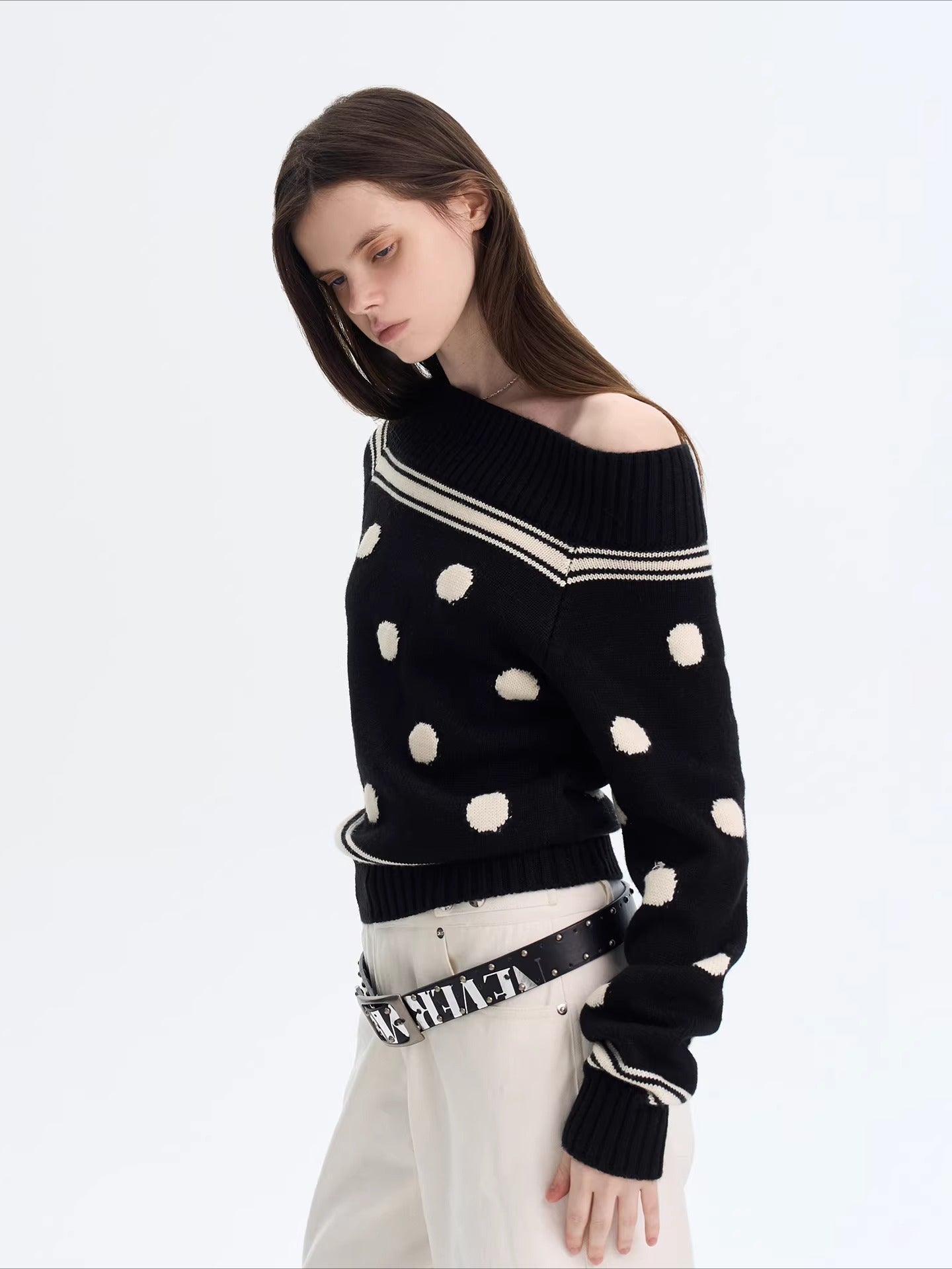 Polka Dot Knit Off-shoulder Top